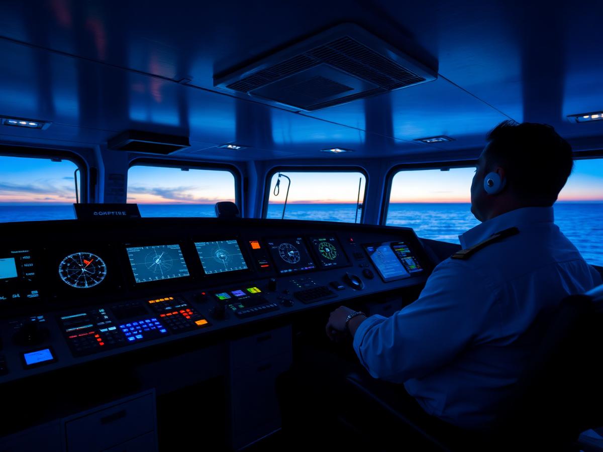 Deck officer monitoring navigation instruments on a ship bridge