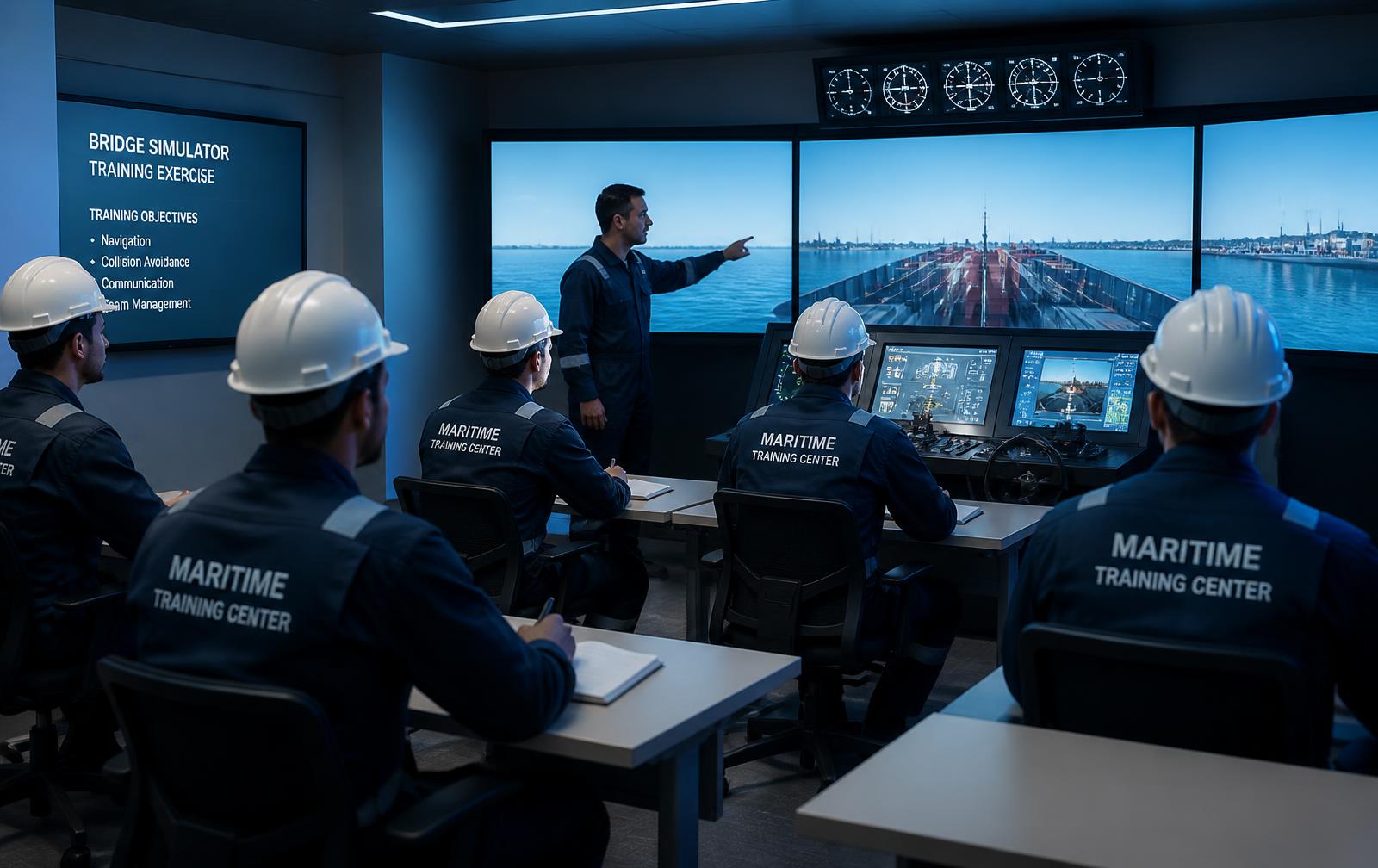 Seafarers in a bridge simulator training session